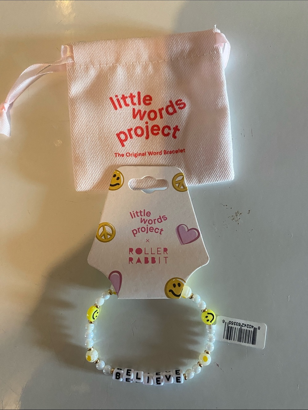 Little Words Project Believe bracelet with smiling face. NWT